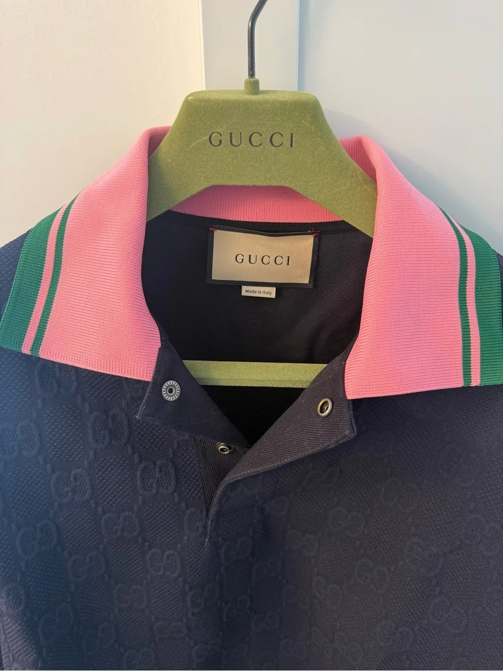 Gucci Navy Polo with Pink Collar and Green Trim